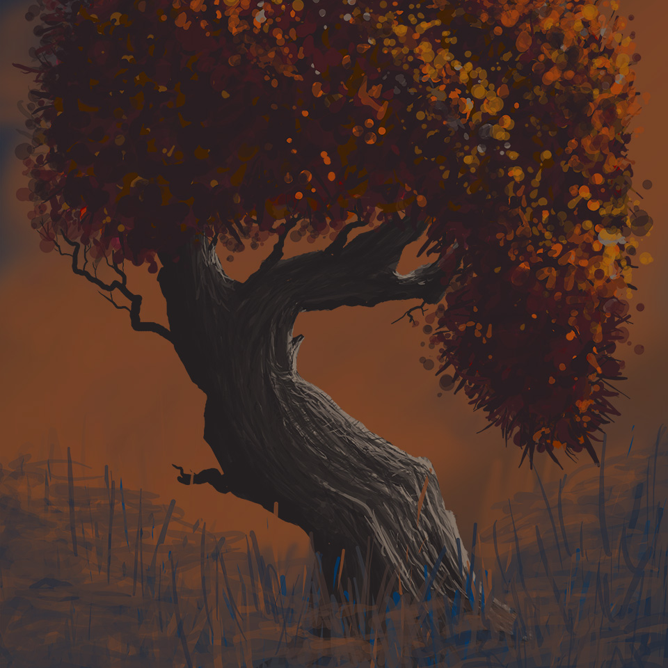 Fall Bonsai in the style of Eyvind Earle